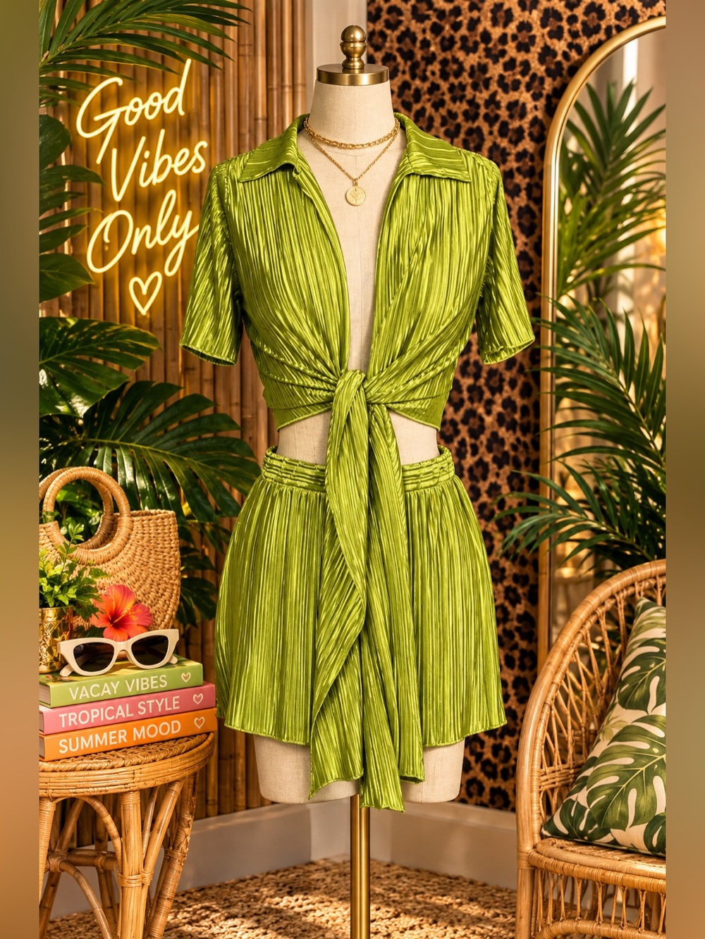 💚 Vibrant Green Tie-Front Two-Piece Set Size Medium 💚